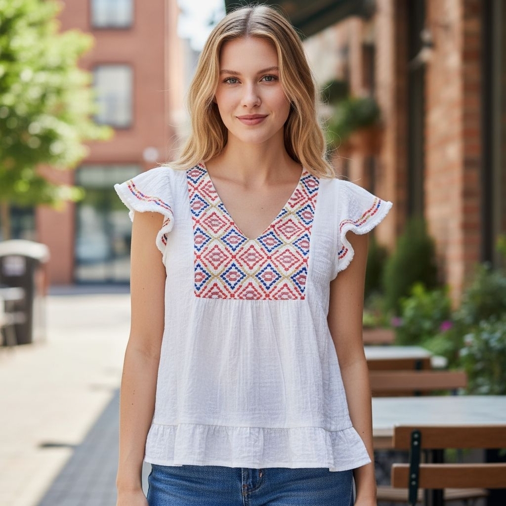 THML/Anthropologie 100% cotton, V-neck Multicolor Flutter Sleeve Blouse, Sz XS